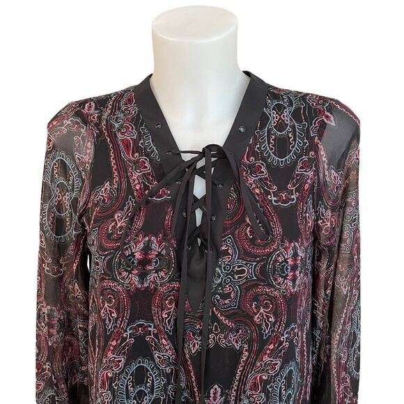 BCBGENERATION Longsleeve chiffon lace front v neck tunic/ dress black paisley XS - Picture 2 of 11